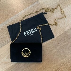 Fendi 2019 F Logo Black Velvet Wallet on Chain